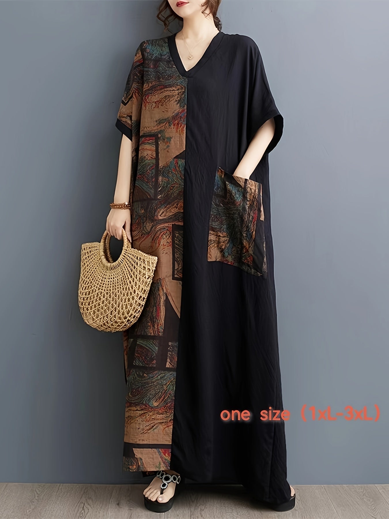 Women'S Casual Viscose Patchwork Dressing Gown, Non-Stretch Woven Fabric, Pocket Details, Spring/Summer/Fall Season, Adult Size