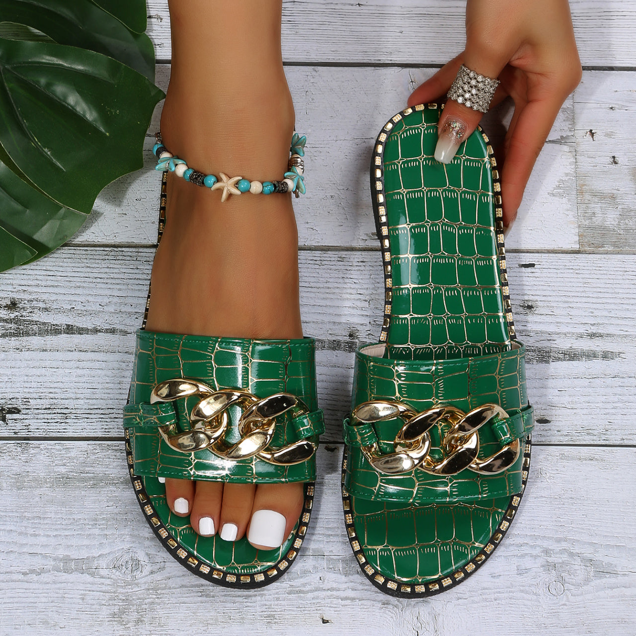 Women's Metal Chain Decor Flat Slippers, Fashion Open Toe Non Slip Slides Shoes, Casual Outdoor Slippers