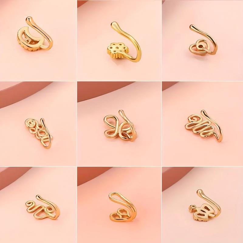 9pcs Non-Piercing Nose Ring Set – Gold-Plated U Shape Nose Clips with Zirconia, Star, Heart & Crown Charms – Stylish No Piercing Required Nose Jewelry for Women & Girls