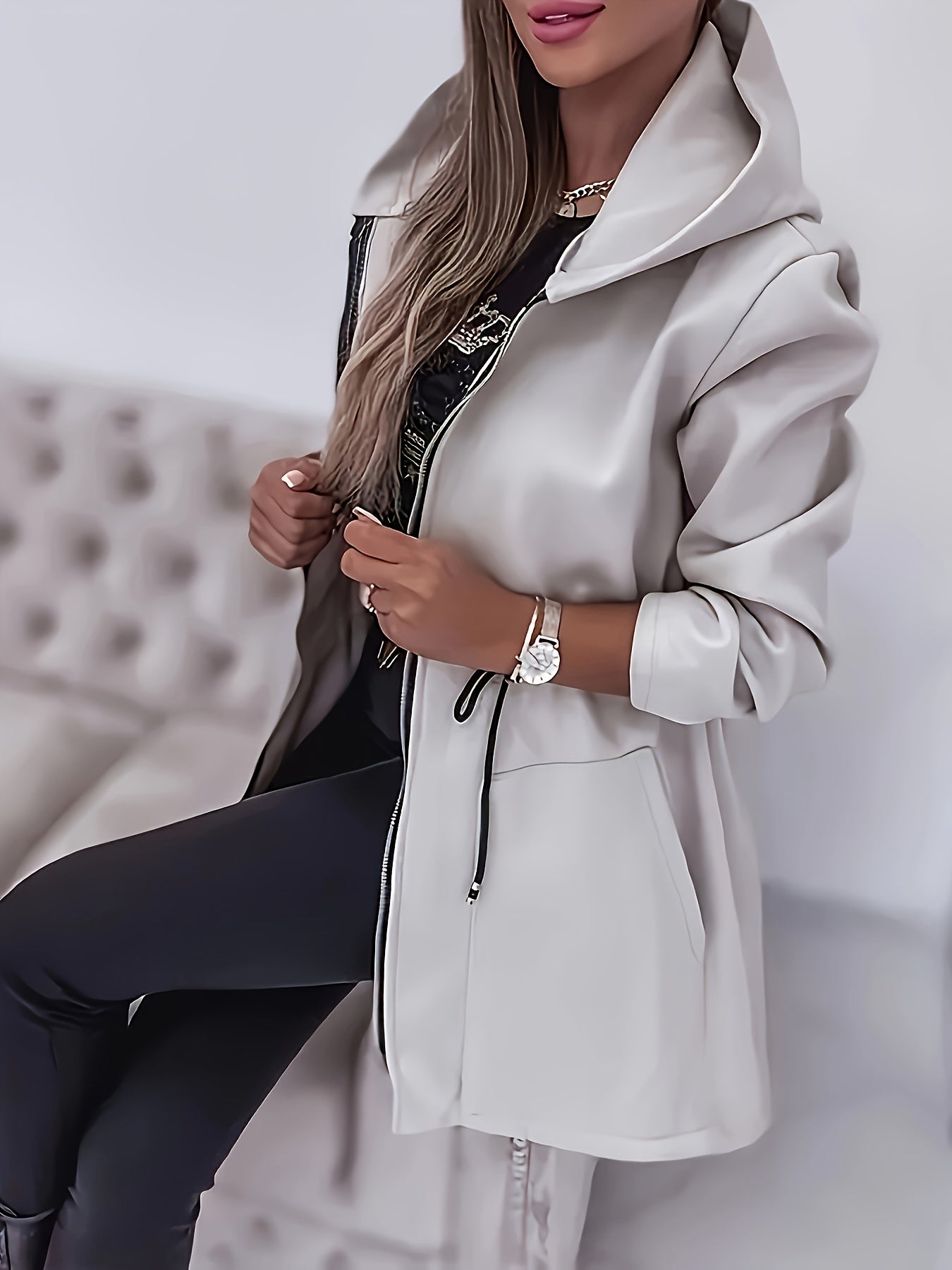 Women's Casual Hooded Jacket with Drawstring & Zip Pockets - Polyester, Machine Washable, Solid Color for Fall/Winter