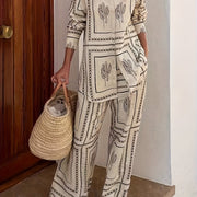 Women'S Stylish Black and White Geometric Print Two-Piece Set - Long Sleeve Blouse with Cactus Design & Matching Pants, Perfect for Spring/Fall, Casual Attire|Geometric Print Top|Polyester Fabri