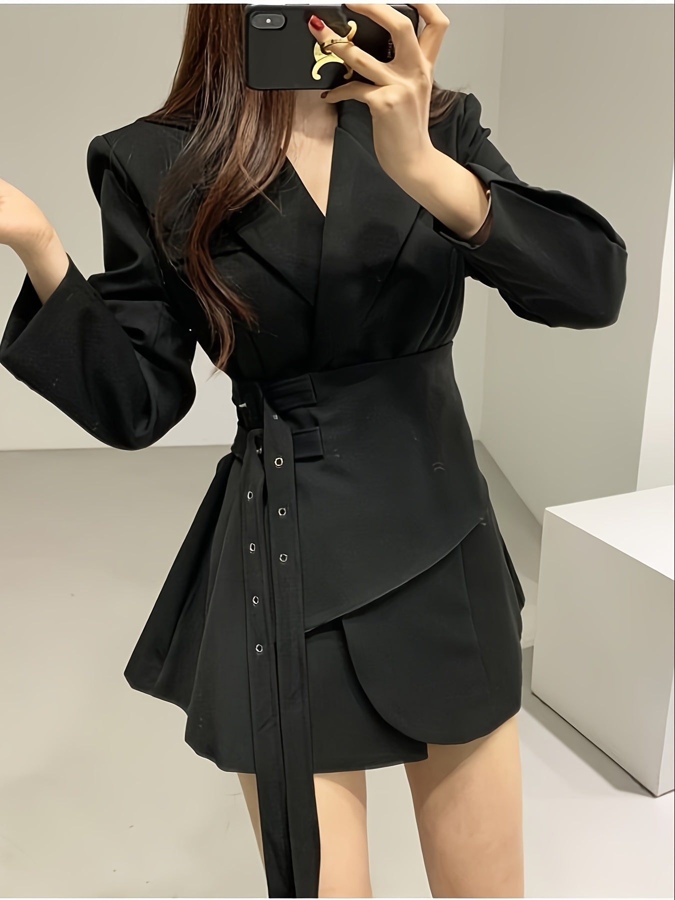 Women'S Elegant Double-Breasted Blazer with Adjustable Double Belt - Chic Notched Lapel, Long Sleeve, Polyester, Perfect for Spring & Fall, Casual Attire|Chic Notched Collar|Polyester Blaze