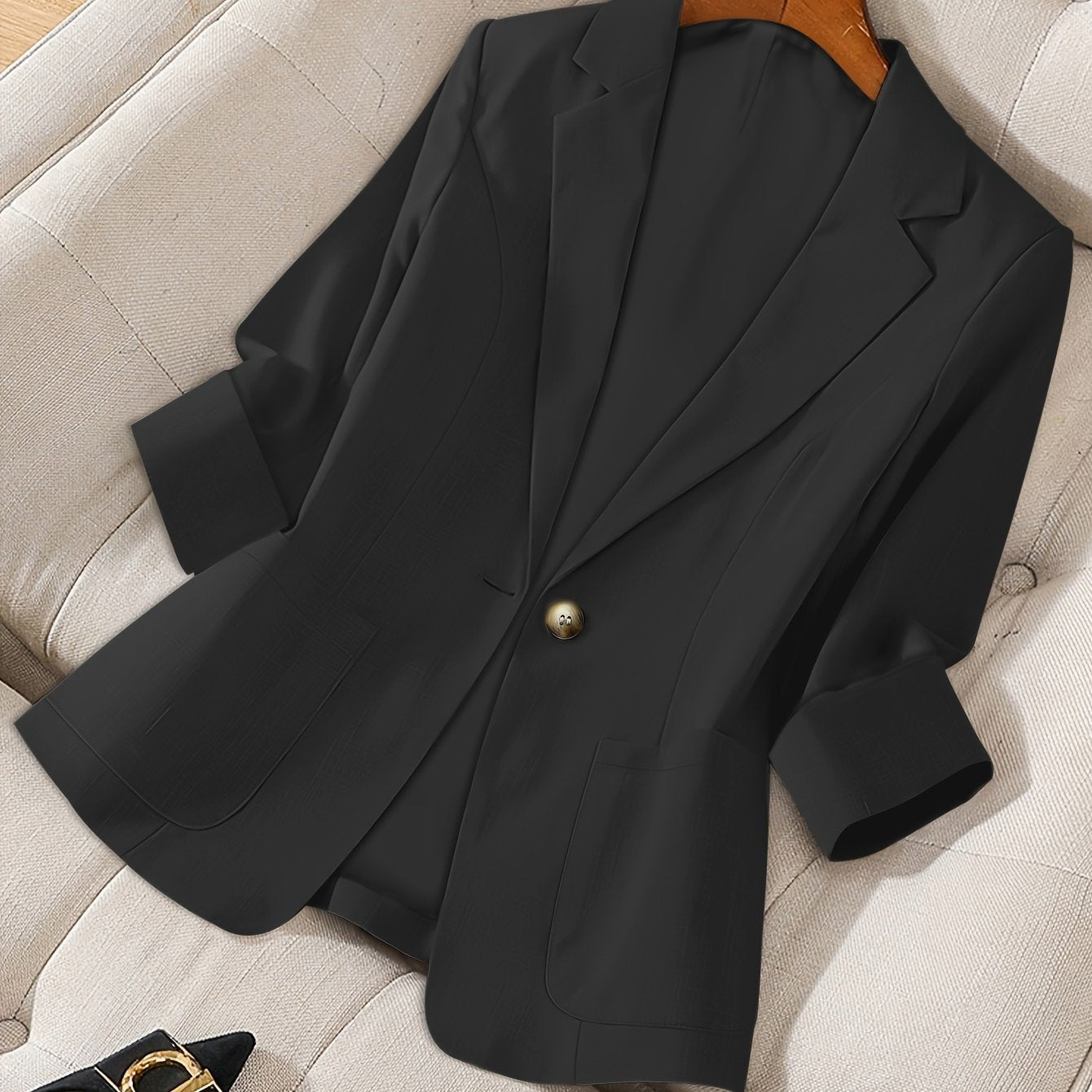 Women's Light Beige Casual Blazer Jacket - Solid Color Single-Breasted Button Front, Notch Lapel & Chest Pocket, Machine Washable H-Silhouette for Autumn Office & Casual Attire, Subtle Stripe Texture