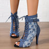 Women'S All-Season Fashion Sneaker Boots - Casual Lace-Up High Heel Boots with Round Toe, Blue Denim Fabric Upper, Rubber Sole, Stylish Western Style, Casual Wear Boots|Denim Upper Boots|Rubber Sole Boots