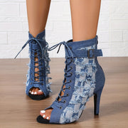 Women'S All-Season Fashion Sneaker Boots - Casual Lace-Up High Heel Boots with Round Toe, Blue Denim Fabric Upper, Rubber Sole, Stylish Western Style, Casual Wear Boots|Denim Upper Boots|Rubber Sole Boots