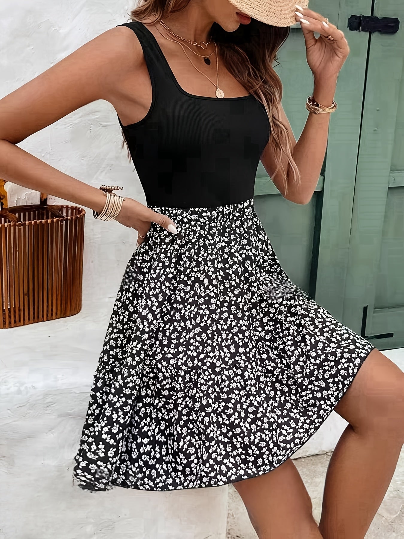 Elegant French-Inspired Floral Tank Dress for Women - High Stretch, Machine Washable, Perfect for Summer Vacations