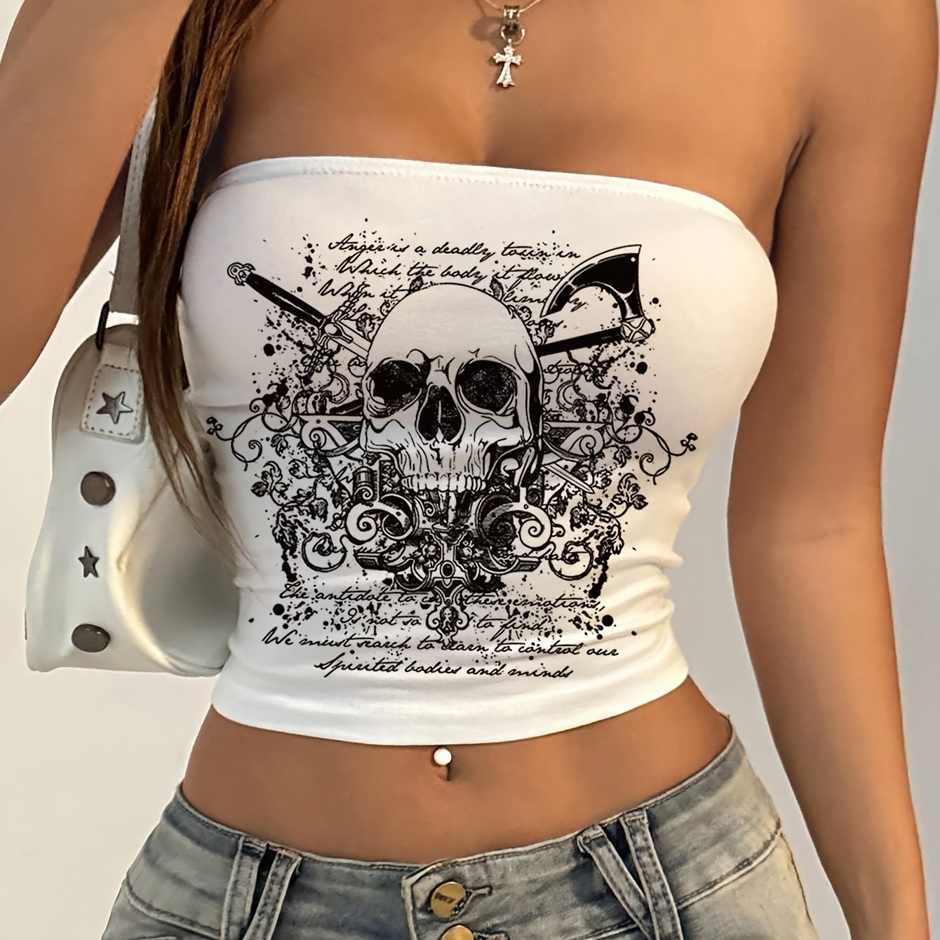 Y2K-Inspired Skull Print Crop Top - Stretchy, Strapless Design for Summer Casual Wear, High-Elasticity, Crop Top Tops
