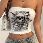 Y2K-Inspired Skull Print Crop Top - Stretchy, Strapless Design for Summer Casual Wear, High-Elasticity, Crop Top Tops