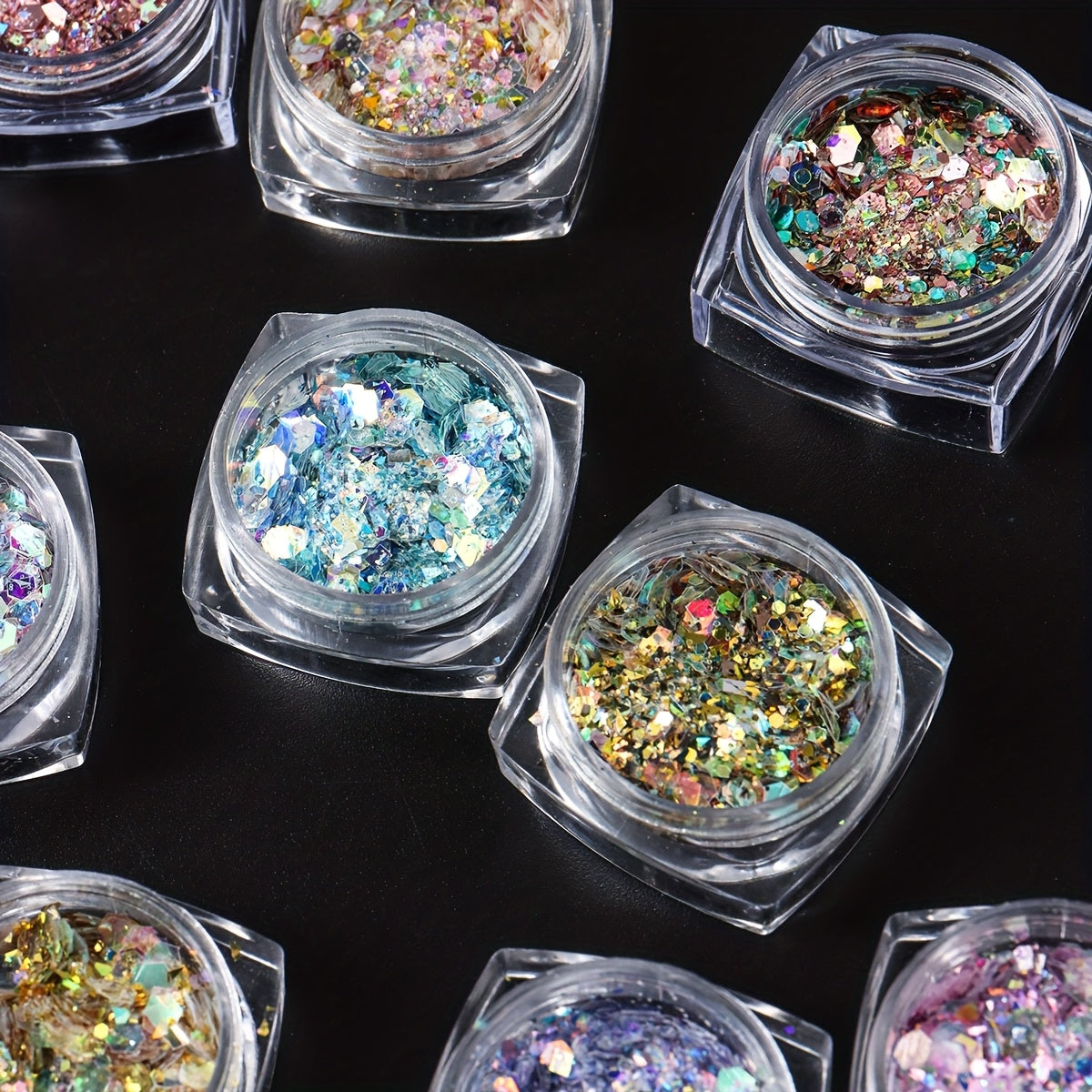 12 Colors Nail Art Glitter Diamond Dust Iridescent Nail Powder Chunky Glitter Confetti Foil Flakes Sequins for Nail Art Supplies, Gel Polish, Y2K Mermaid Holographic Hexagon Sequins, 3D Mirror Irregular Slices Sparkles