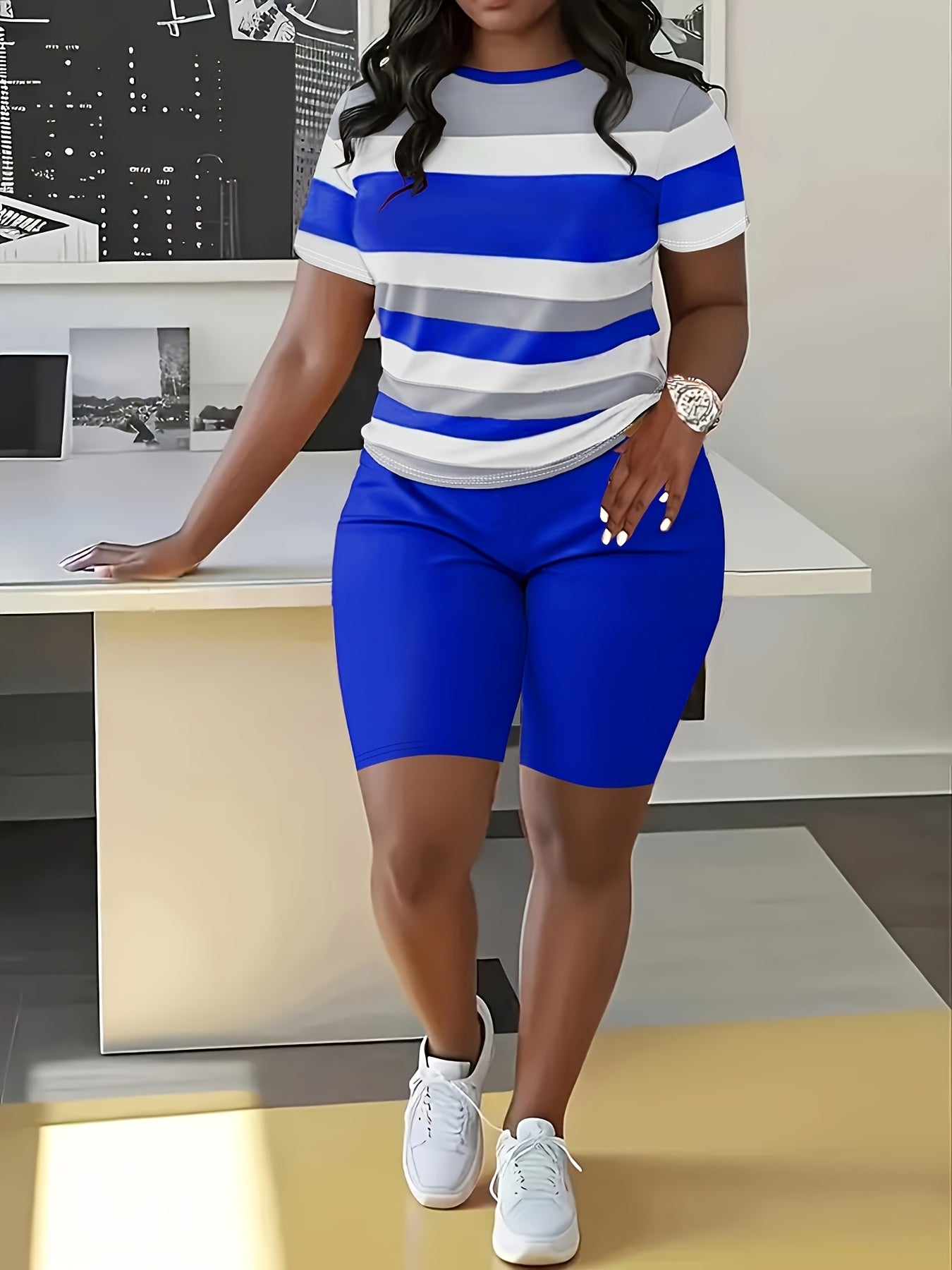 Striped Splicing Spring and Summer Casual Round Neck Short Two-Piece Set