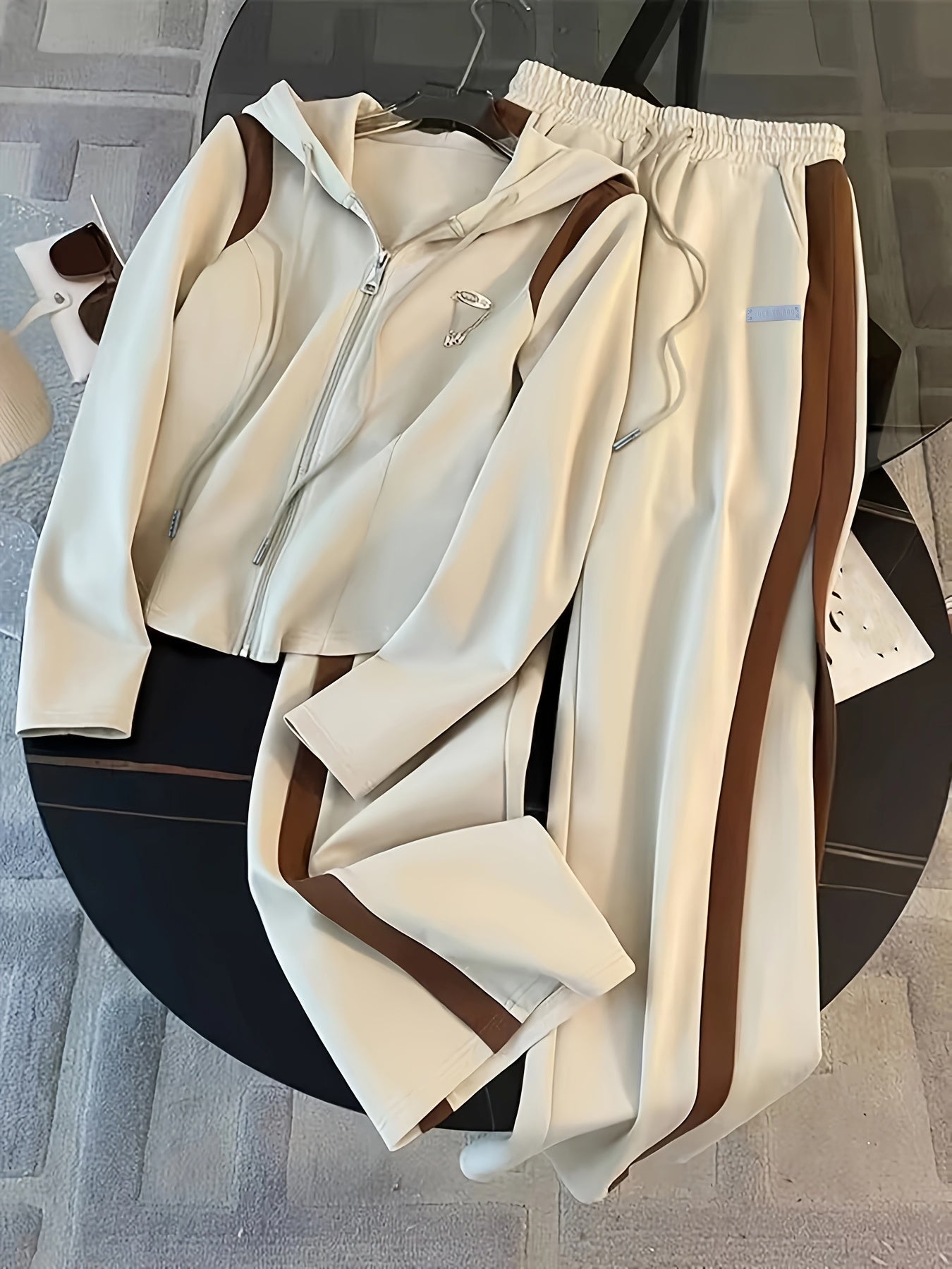 Women'S 2pcs Casual Sportswear Set, Fall 2025 Collection, Solid Color, Contrast Patchwork, Hooded Zip-Up Cardigan, Long Sleeve, Knit Fabric, Polyester 95%, Elastane 5%, Lightweight, 200g/m², Spring/Fall Collection
