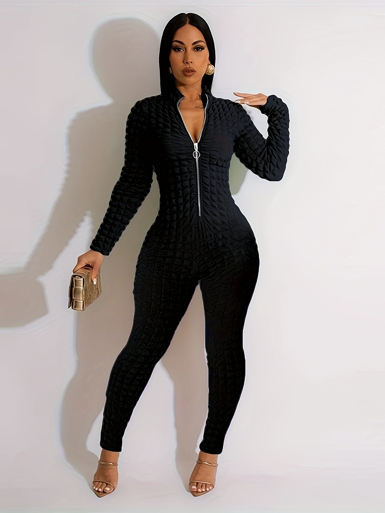 Women'S Solid Color Popcorn Jumpsuit, Polyester 95% Spandex 5% Long Sleeve Crew Neck Knit Fabric, Chain Detail, Regular Sleeve, Spring/Fall Season, 250g/m² Fabric Weight