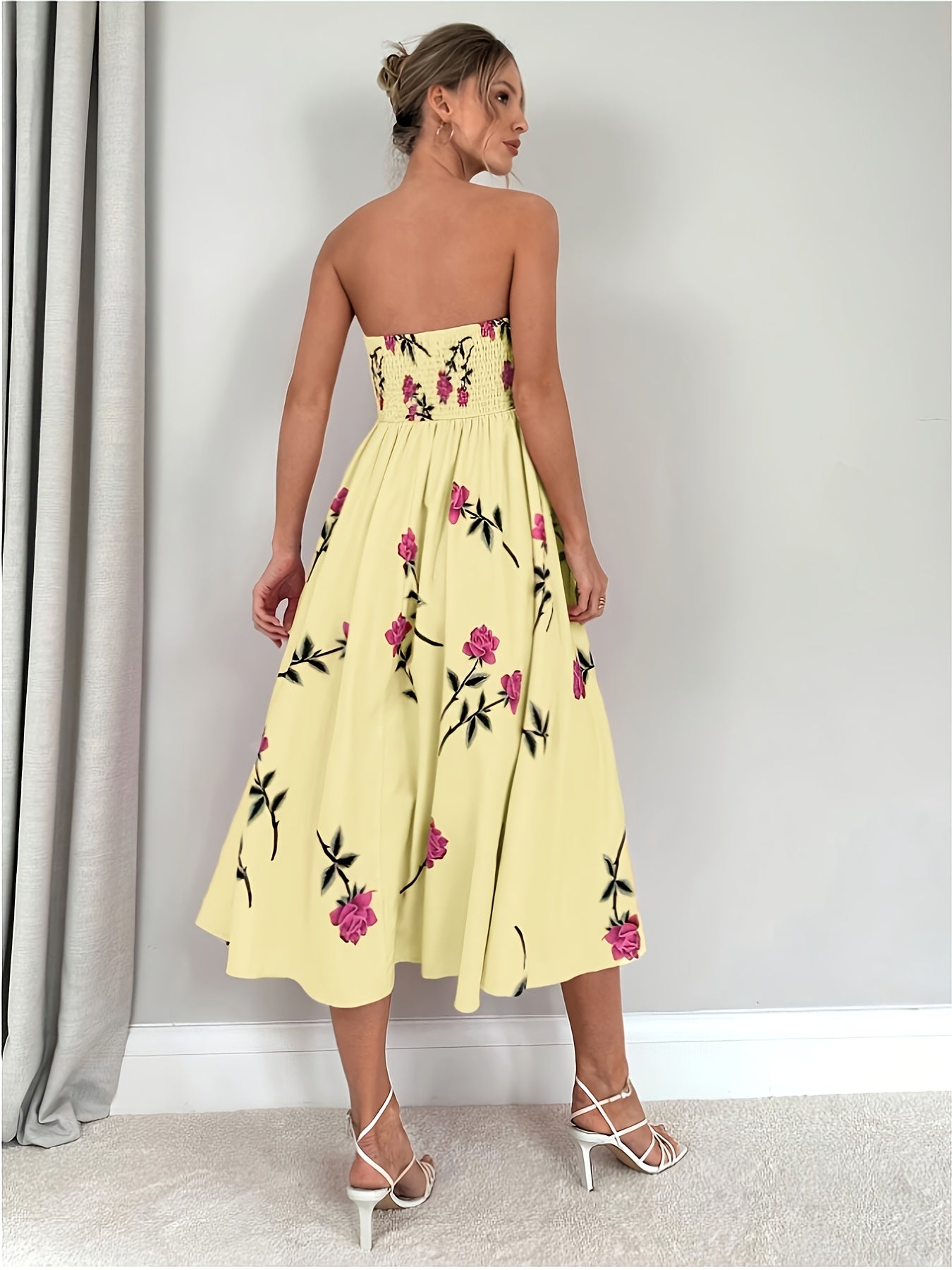 Women's Elegant Off-Shoulder A-Line Floral Print Rose Print Dress - Knee-Length with Ruffled Hem & Waist Tie, Machine Washable for Weddings, Parties, Graduations, Prom - Pink Floral Print Formal Evening Dress, Event Attire |
