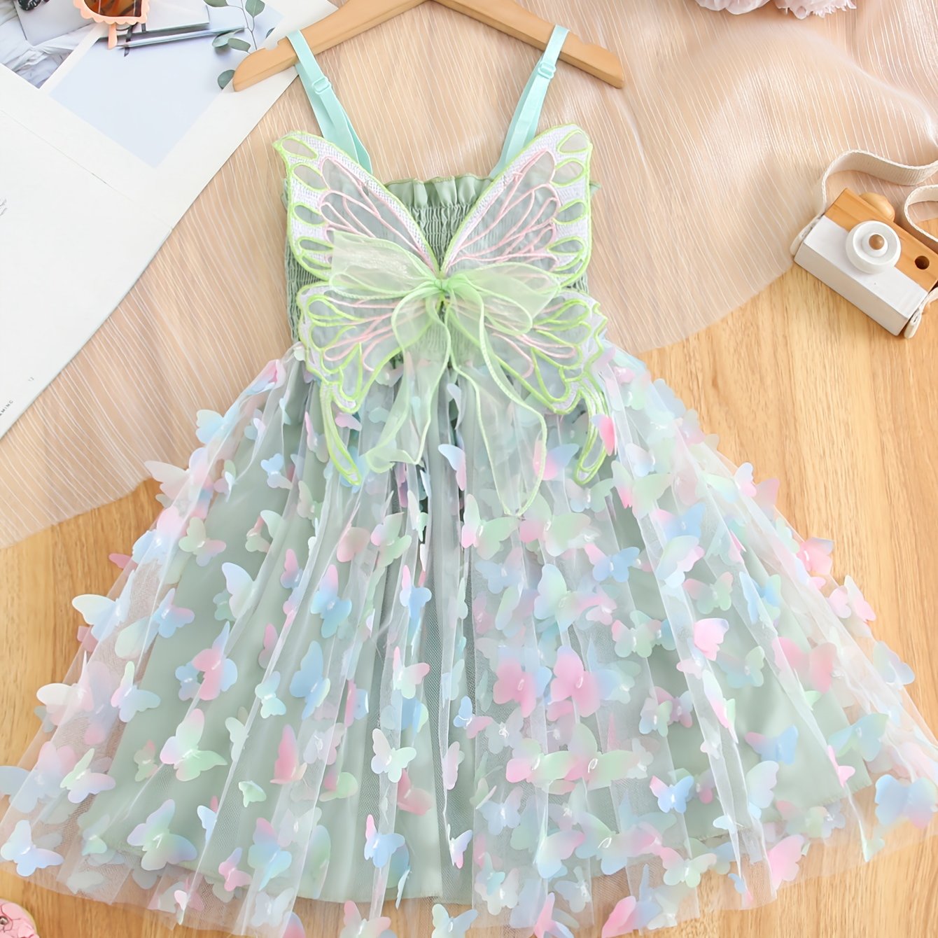 Enchanting Rainbow Butterfly Princess Dress for Girls - Elegant Sleeveless Mesh Tutu with Bow Detail, Perfect for Parties & Birthdays