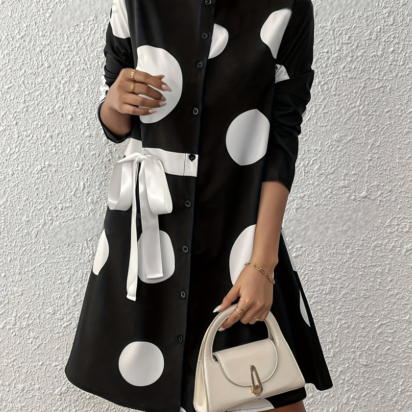Women's Casual Polka Dot Long Sleeve Knee-Length Dress with Stand Collar and Bow Detail, 100% Polyester Woven Fabric, All-Season Loose Fit A-Line Dress with Flared Hem, Long Sleeve Dress