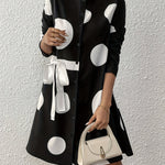 Women's Casual Polka Dot Long Sleeve Knee-Length Dress with Stand Collar and Bow Detail, 100% Polyester Woven Fabric, All-Season Loose Fit A-Line Dress with Flared Hem, Long Sleeve Dress