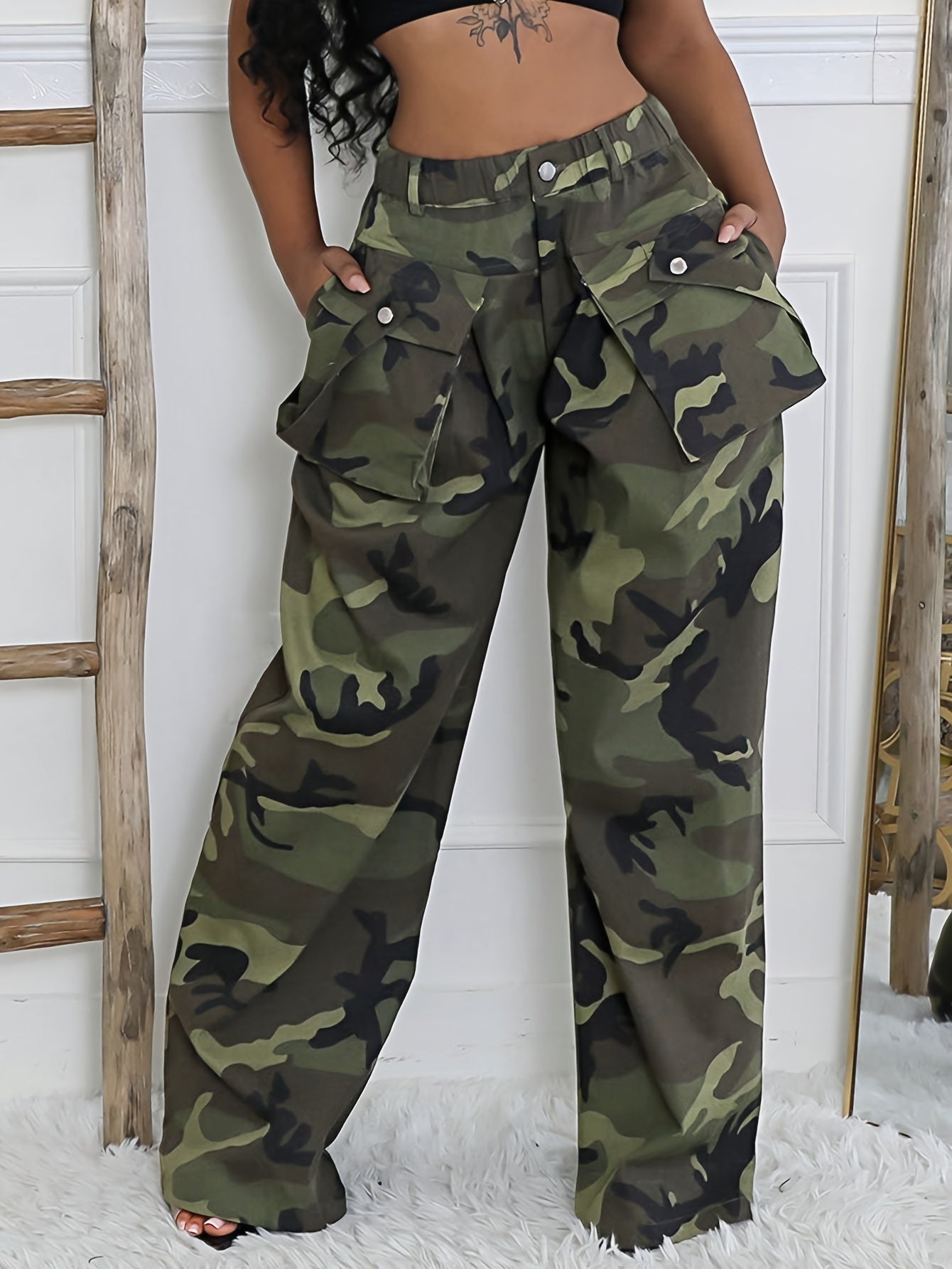 Women'S Camo Print Cargo Pants with Zipper Pockets, Casual Loose Fit Wide Leg Trousers for Casual Attire, High-Quality Cargo Pants