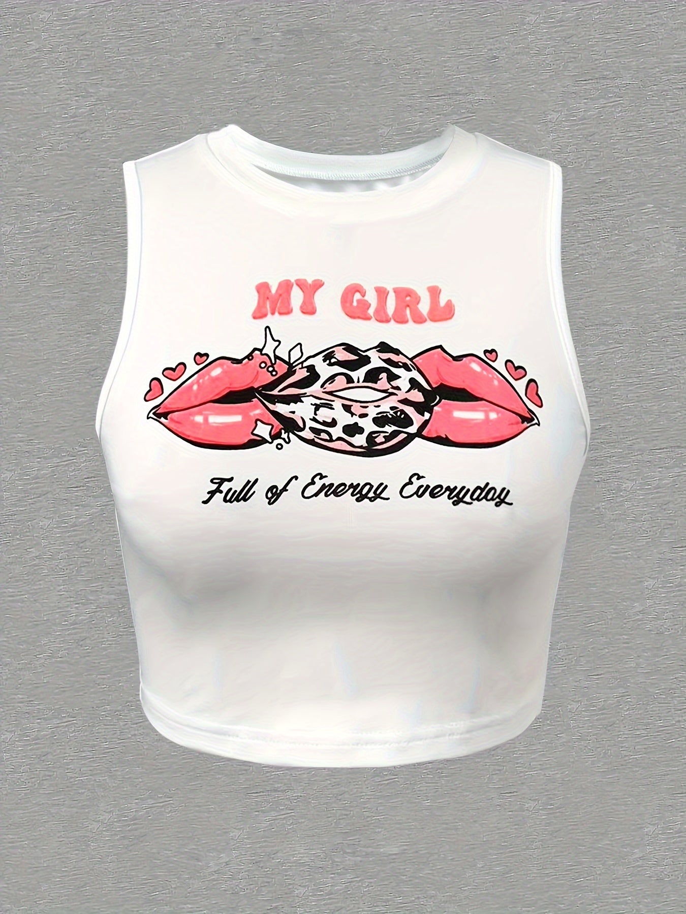 Lips Print Crew Neck Tank Top - Soft Micro Elastic Polyester Fabric, Semi-Sheer, Elegant, Customized Knit Fabric, Machine Washable - Perfect for Spring & Summer, Womens Casual Sleeveless Crop Top
