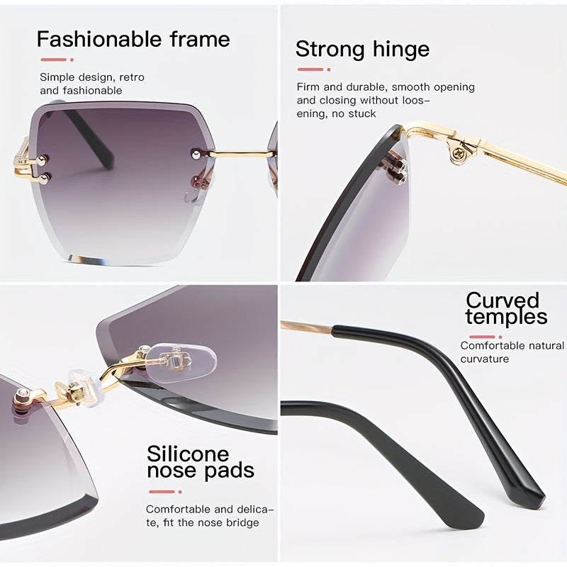 Y2K Rimless Women’s Fashion Glasses with Gradient Lenses, Retro Metal Frame, Large Polygonal Design, Stylish Travel & Fashion Accessories, Casual Eyewear for Everyday Glamour