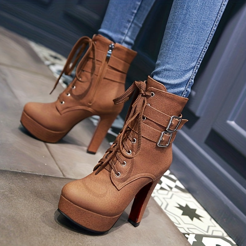 Womens Fashion Solid Color Lace-Up High Heel Boots - Stiletto Heel with Stable Block Base - Secure Buckle Ankle Strap - Trendy & Comfortable