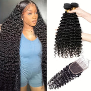 Human Hair Deep Wave Human Hair Bundles With 4*4 Lace Closure, 100% Unprocessed Brazilian Virgin 4x4 HD Lace Closure 180 Density With Deep Wave Hair Bundles, Natural Black Modern Fashion For Black Women