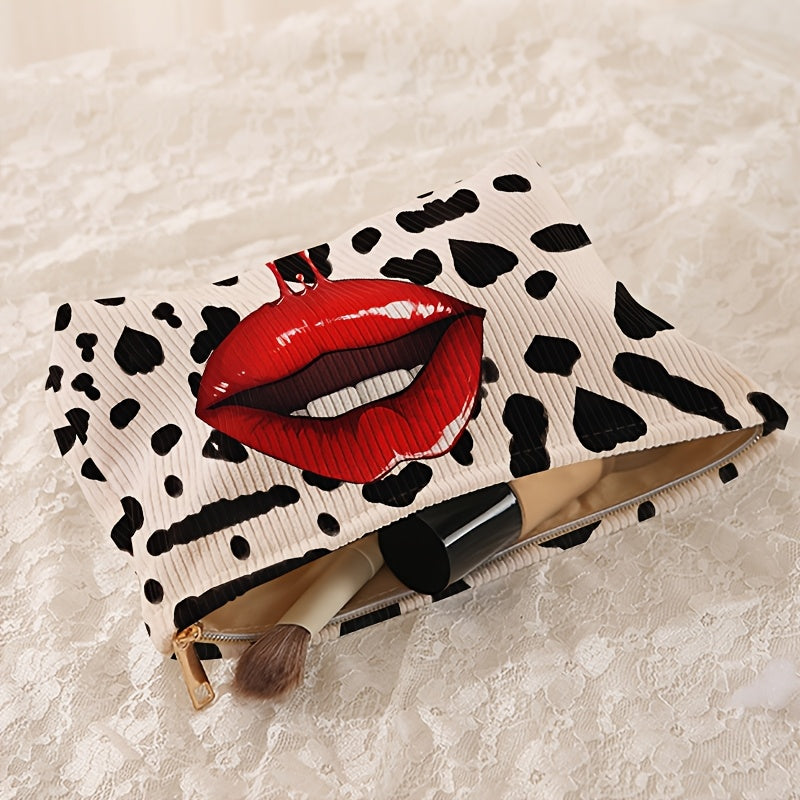 Leopard Print & Red Lips Pattern Cosmetic Bag - Polyester Makeup Pouch with Zipper, Chic Velvet-Like Toiletry Organizer, Non, Lightweight & Lined Multifunctional Travel Case