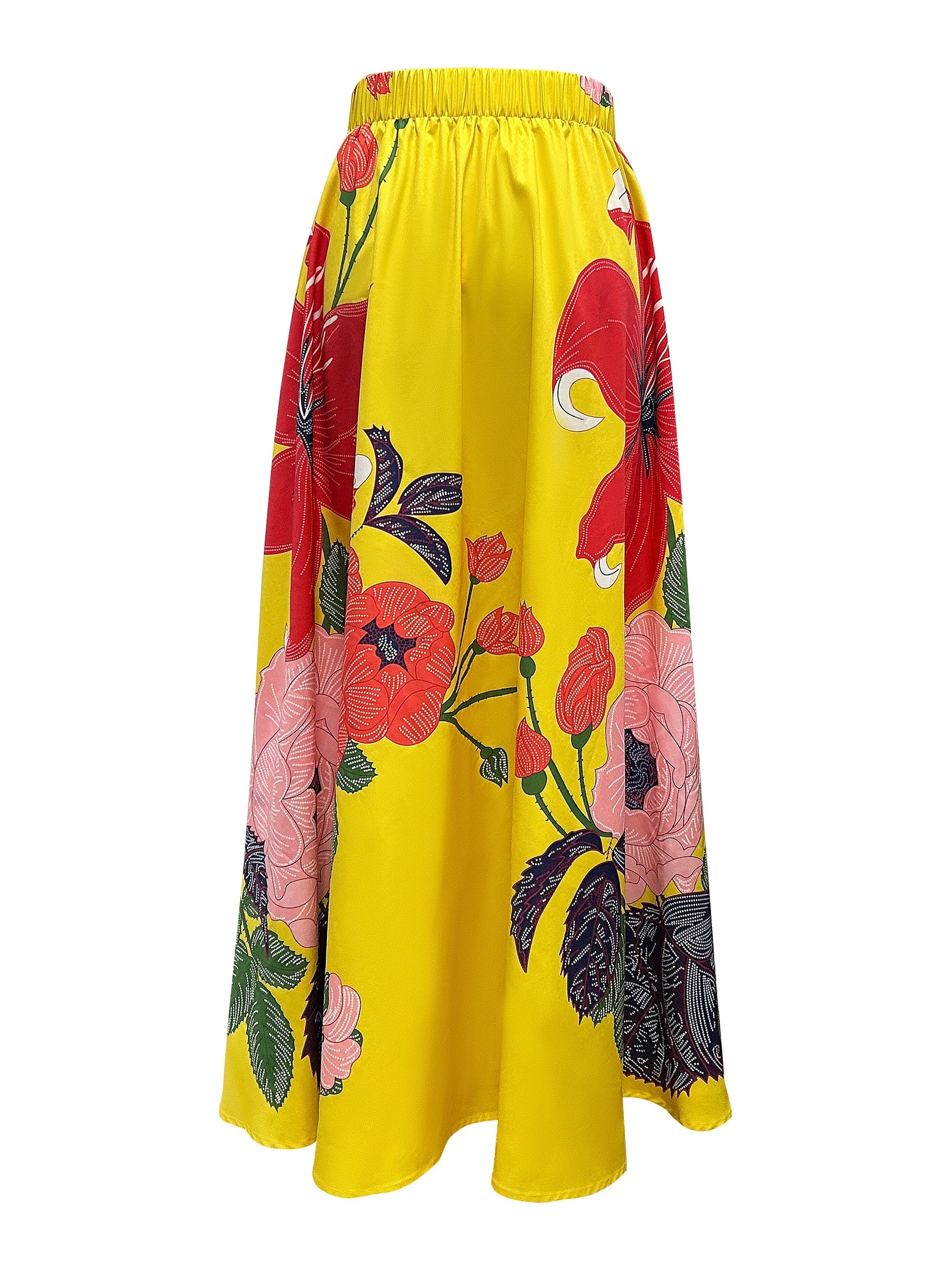 Floral Print Pocket Design Skirt, Elegant Elastic High Waist Maxi Skirt For Spring & Fall, Women's Clothing
