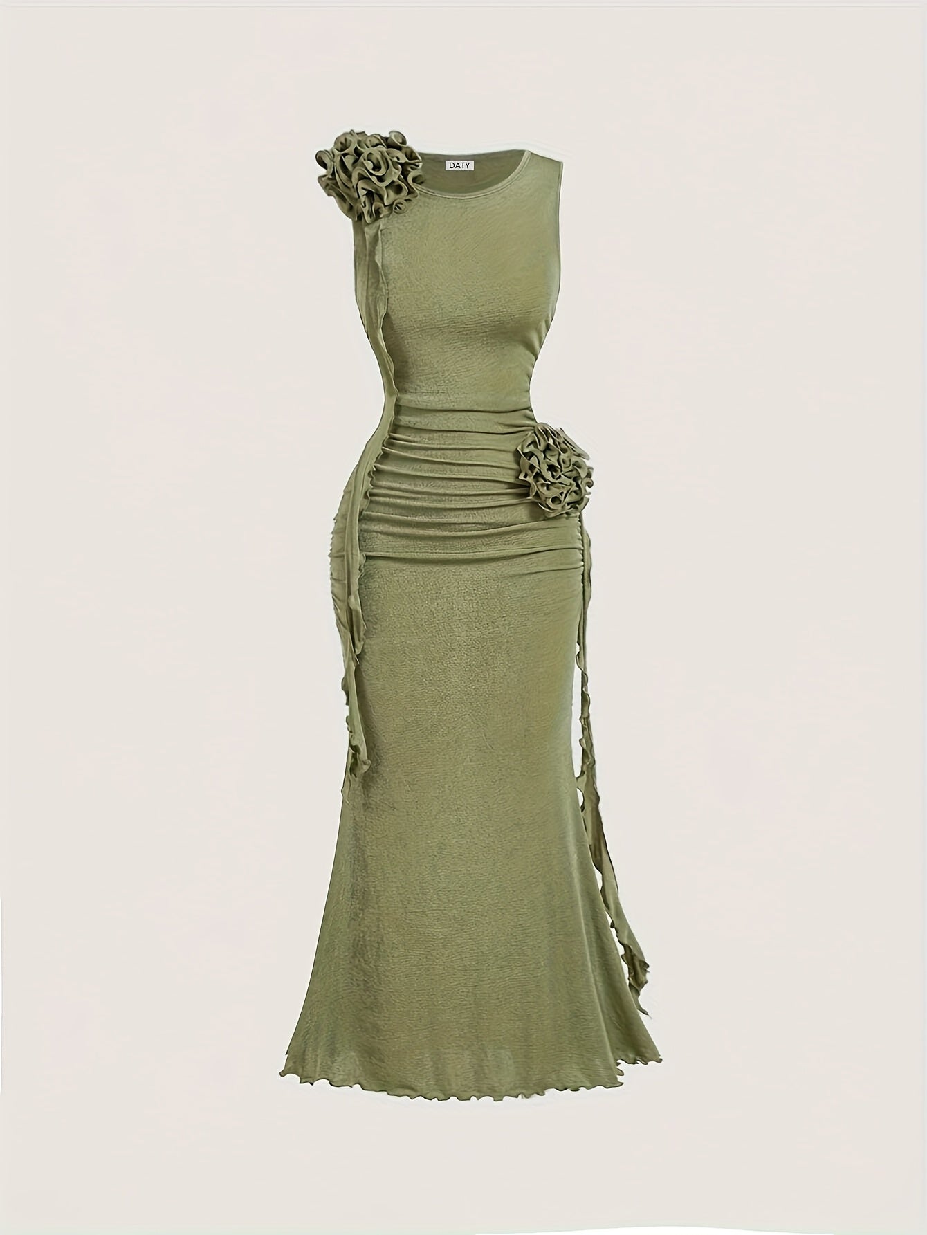 DATY Women's Elegant Off-Shoulder Ruffled 3D Flower Fishtail Hem Long Dress - Retro Sleeveless Solid Green Prom Dress, Straight Cut Machine Washable Fall & Spring Formal Party Evening Gown, Spring Fashion | Flowing Silhouette