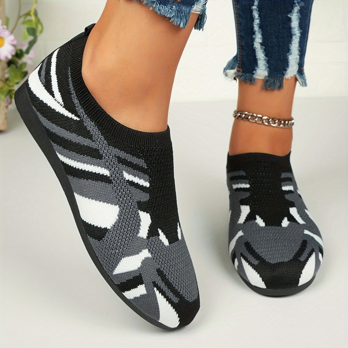 Women's Camouflage Pattern Flat Shoes, Breathable Knit Slip On Outdoor Shoes, Lightweight Low Top Shoes