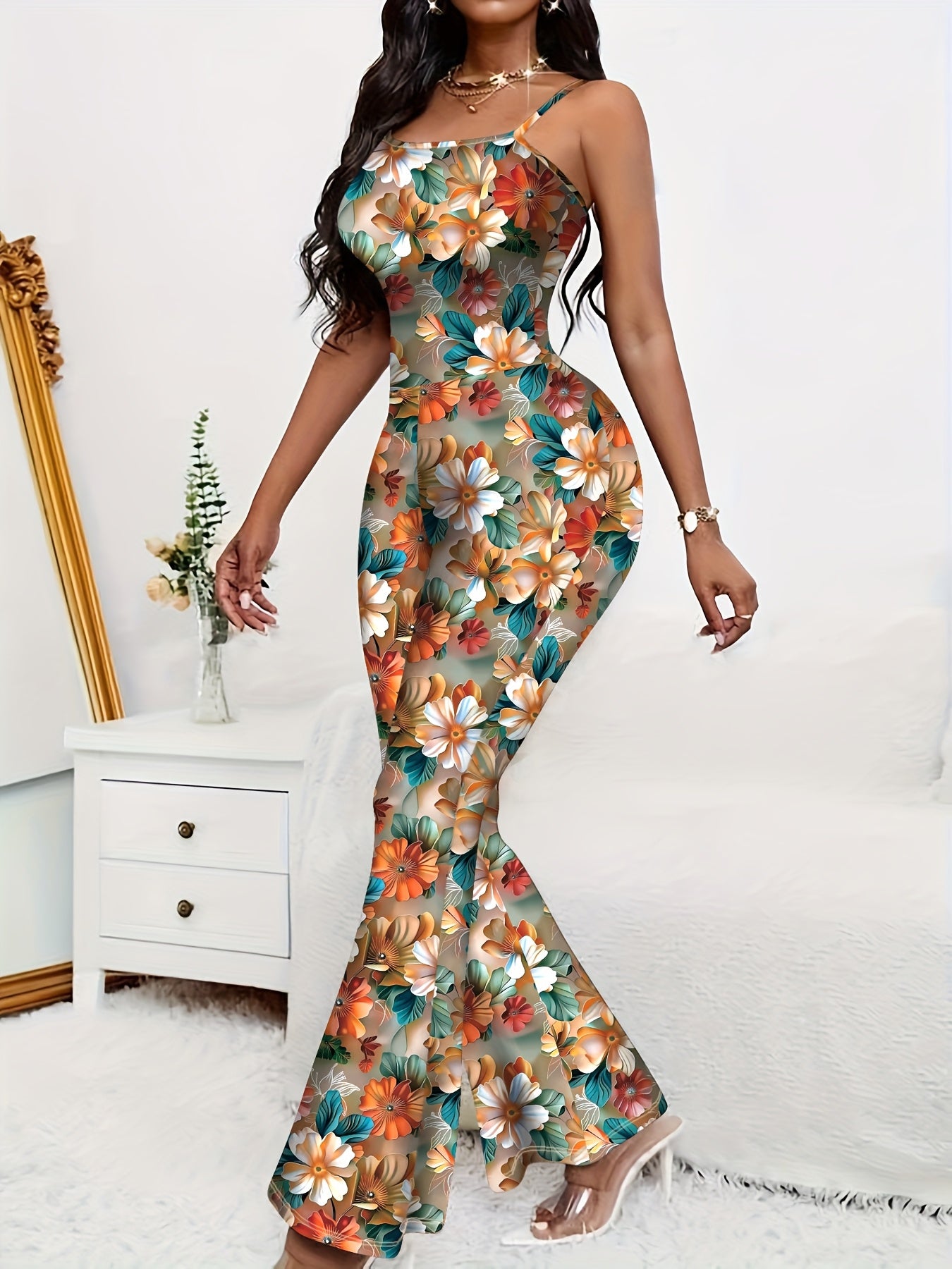 Women'S Elegant Floral Print Sleeveless Spaghetti Strap Jumpsuit, Slim Fit Stretch Bell Bottoms, Sexy Summer Bodycon Romper, Fashionable and Comfortable, Jumpsuits for Summer