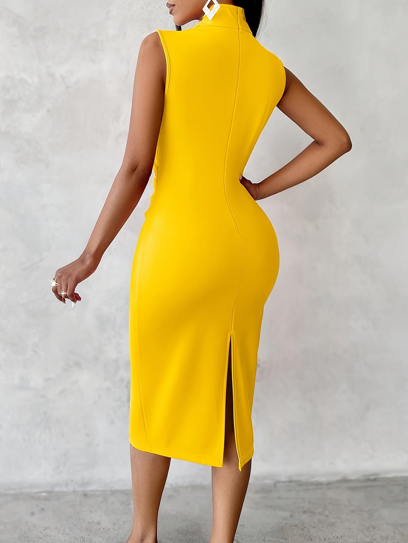 Women's Sleeveless V-Neck Bodycon Dress - Stretchy Polyester-Spandex Blend, Solid Color Yellow, Machine Washable, All-Season Casual & Formal Wear