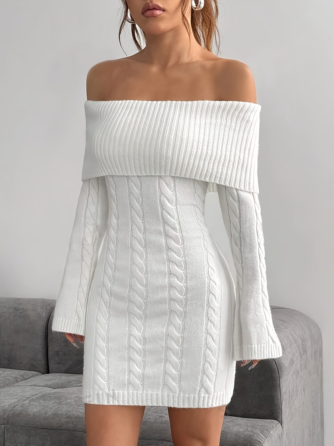 1pc Elegant Off-Shoulder Knit Polyester Sweater Dress - Solid Color Fashion Casual Style with Cable Pattern