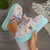 Women'S Chic Summer Canvas Slide Shoes - Pink & Blue Checkered Design, Thick Sole, Lace-Up with Charm, Casual Outdoor Footwear, Comfortable Fabric Upper, Rubber Sole, Round Toe, Fashionable and Casual