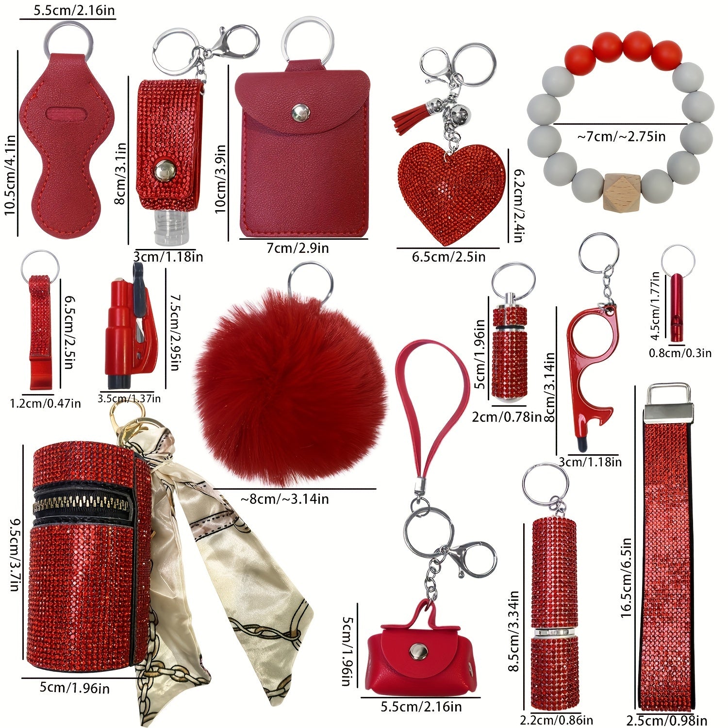 15pcs Rhinestone Safety Keychain Set for Women, Wristlet Keyring with Storage Pouch & Pom Pom Card Holder Accessories Kit