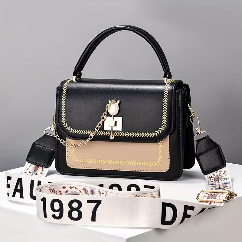 Stylish Two-Tone Chic Womens Handbag - Fashionable Crossbody Purse with Adjustable Printed Strap, Spacious Interior, and Durable PU Material - Zipper Closure, Edge Painted, and Polyester Lining for a Chic Look