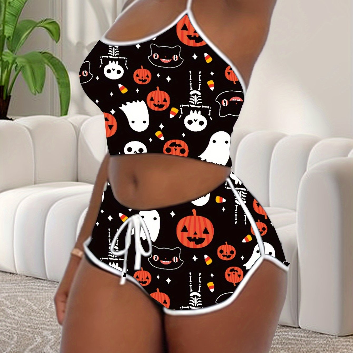 Sexy Solid Binding Lounge Set, Halter Neck Backless Crop Cami Top & Elastic Shorts - Women's Loungewear & Sleepwear - For Women - Perfect for Relaxing at Home - Ideal Gift for Her