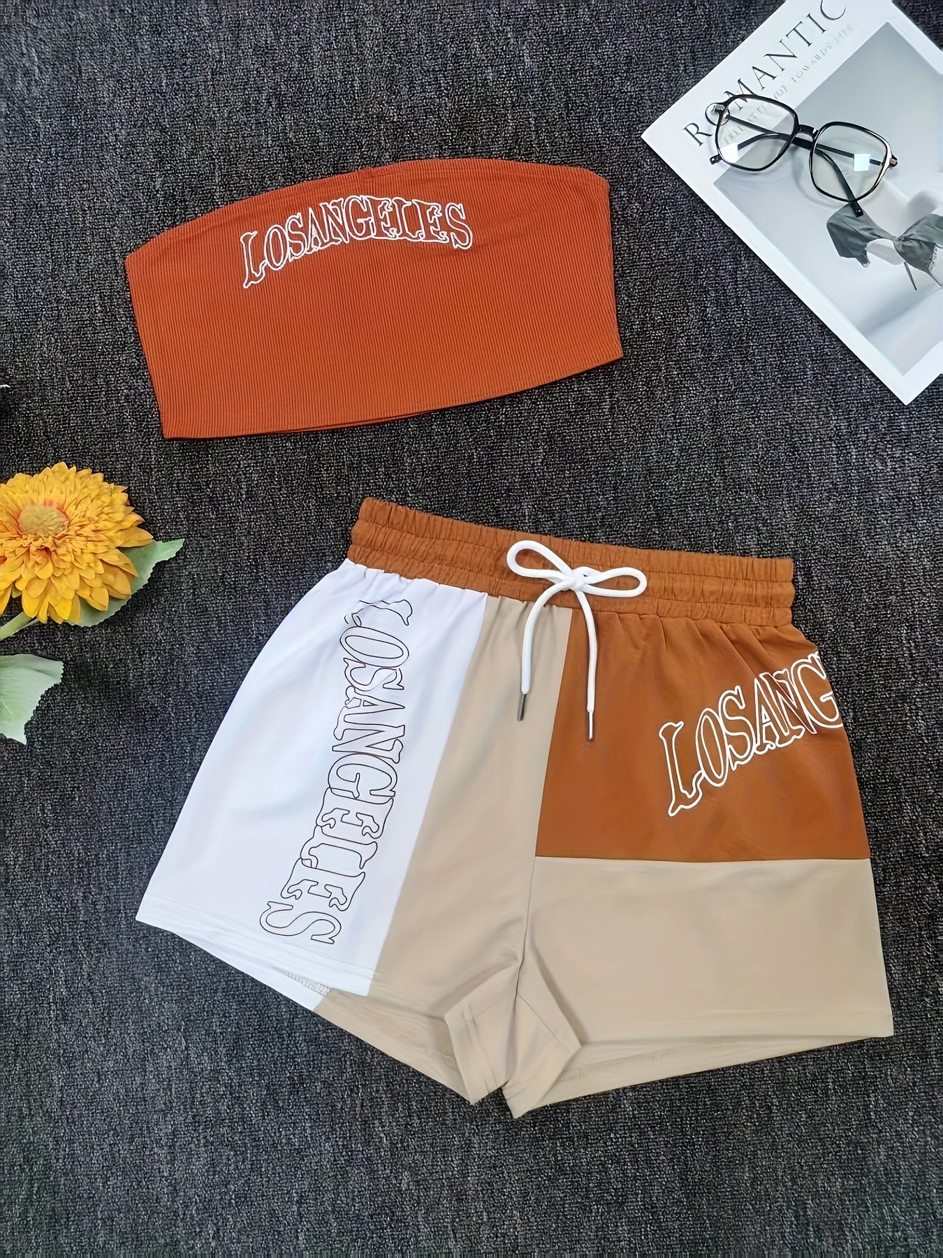 Women'S Stylish Casual Printed Color-Blocked Shorts And Strapless Two-Piece Set