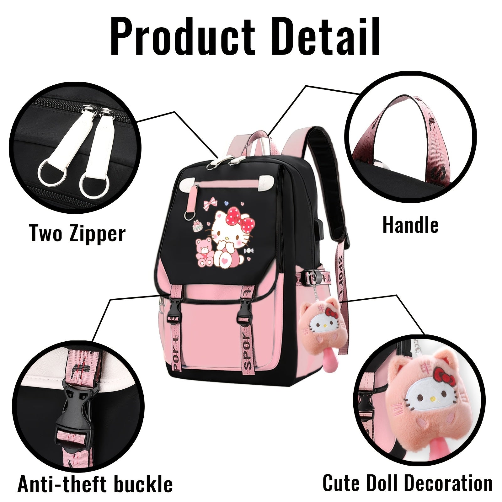 Hello Kitty Pink & Black Backpack with Plush Pendant - Cute Multi-Compartment Daypack, Adjustable Straps, Zip Closure, Lightweight & Foldable, Ideal for Daily Commute & Sanrio Fans, Kawaii Backpack | Charming Decoration | Pol
