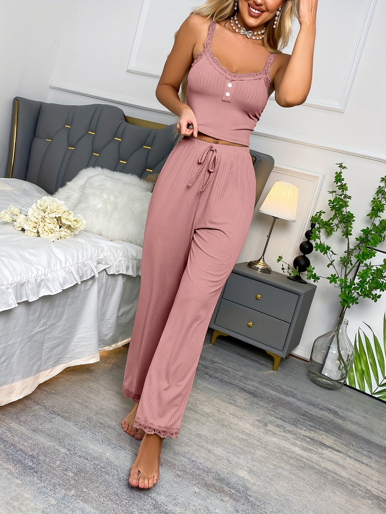 Women'S Sexy Lounge Set with Lace Trim, Crop Cami Top, and Drawstring Pants - Comfortable Sleepwear and Loungewear with Button Decor and Ribbed Design