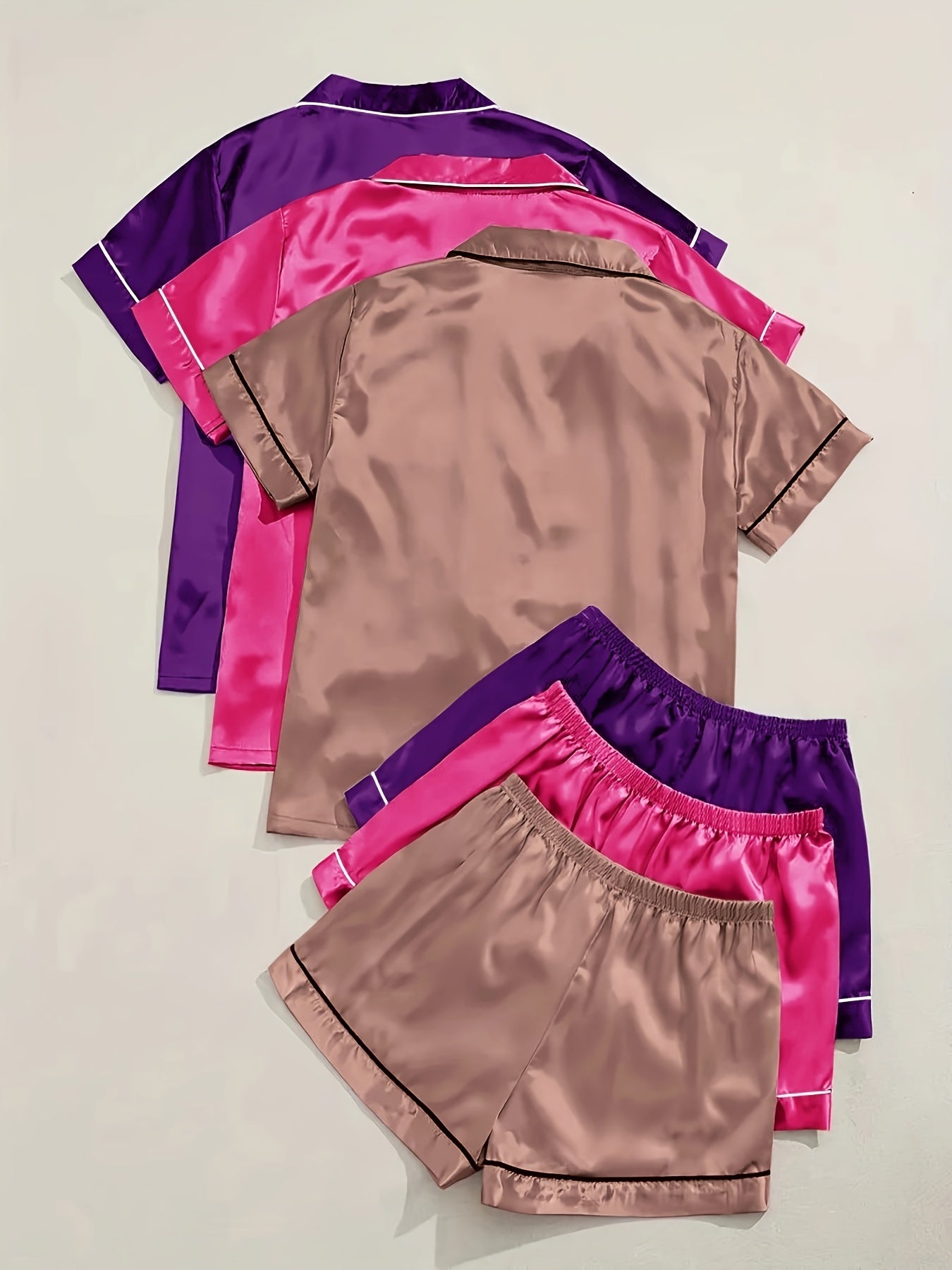 3 Sets Solid Satin Pajama Set, Casual Short Sleeve Buttons Lapel Top & Elastic Shorts, Women's Sleepwear