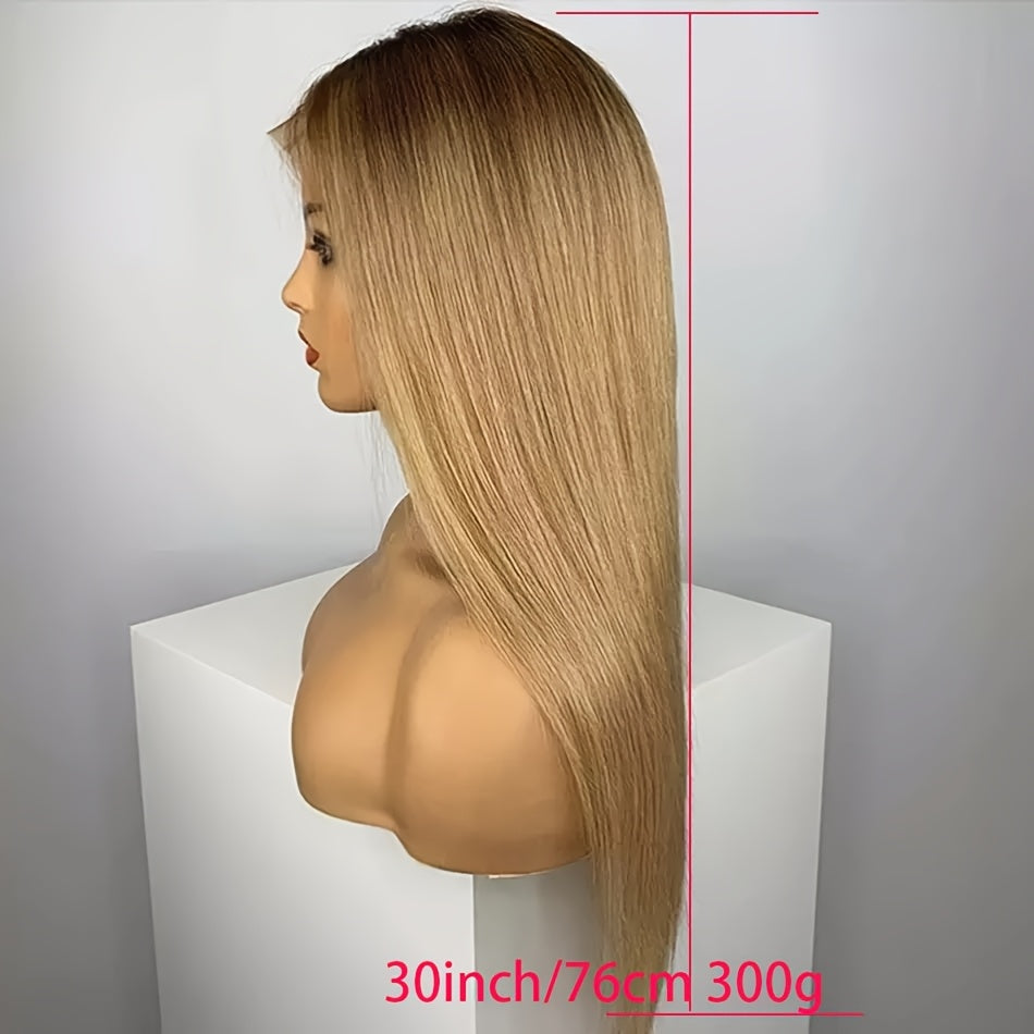 [Everyday Elegance] Super Soft Gradient Brown 30" Long Straight Synthetic Lace Front Wig - Density, 13x4x1 Deep Parting, Glueless Pre-Plucked, Heat Resistant for Daily Wear, High Temperature Fibe