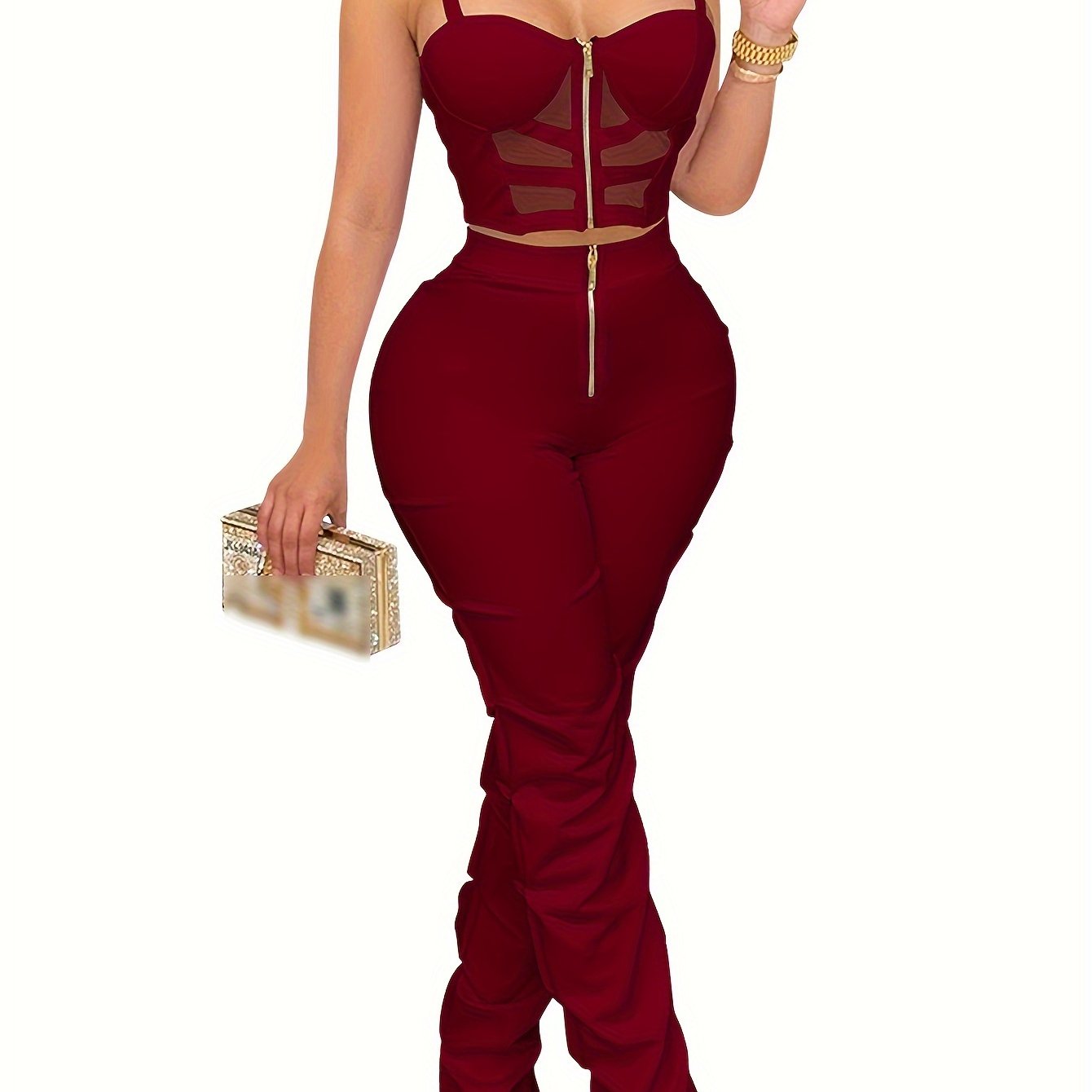 PORRCEY Sexy Solid Color Party Pantsuits, Zipper Front Slim Crop Cami Top & High Waist Ruched Pants Outfits, Women'S Clothing
