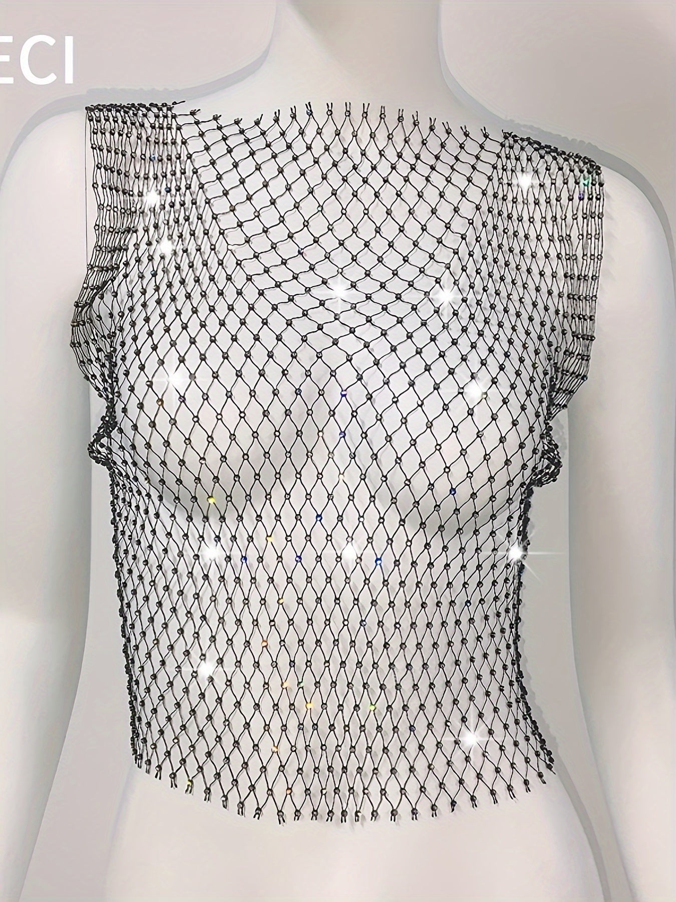 Women’s Rhinestone Fishnet Tank Top - Sleeveless V-Neck, Stretchy & Sheer Glitter Mesh for Party & Clubwear, White, Trendy Outfit | Sparkly Fishnet Design | Stretchy Mesh Fabric