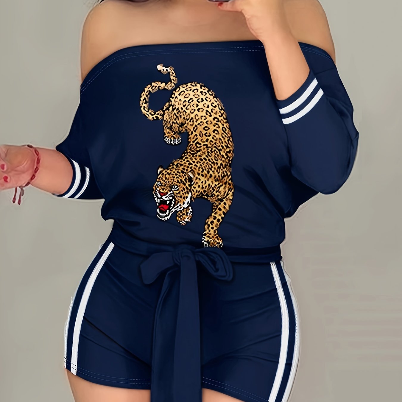 Chic Animal Print & Striped Off Shoulder Romper Jumpsuit - Flattering Tie Waist, Long Sleeve, Backless Style - Perfect Casual Wear for Women