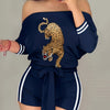 Chic Animal Print & Striped Off Shoulder Romper Jumpsuit - Flattering Tie Waist, Long Sleeve, Backless Style - Perfect Casual Wear for Women