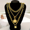 Luxury Golden Multilayer Cuban Chain Necklace with OT Clasp and Portrait Pendant - Women’s Punk Style Layered Jewelry for Casual Attire, Mother’s Day Gift, Pendant Necklace