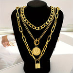 Luxury Golden Multilayer Cuban Chain Necklace with OT Clasp and Portrait Pendant - Women’s Punk Style Layered Jewelry for Casual Attire, Mother’s Day Gift, Pendant Necklace