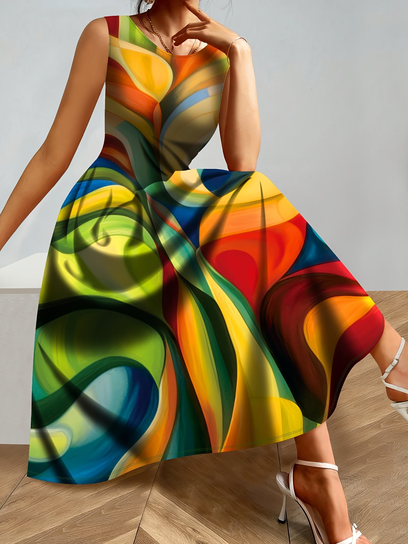 [Elegant Maxi Dress] 1pc Elegant Geometric Abstract Print Polyester Maxi Dress, Sleeveless Round Neck Knit A-Line Long Dress with Umbrella Hem for Women, All Seasons, 100% Stretchy