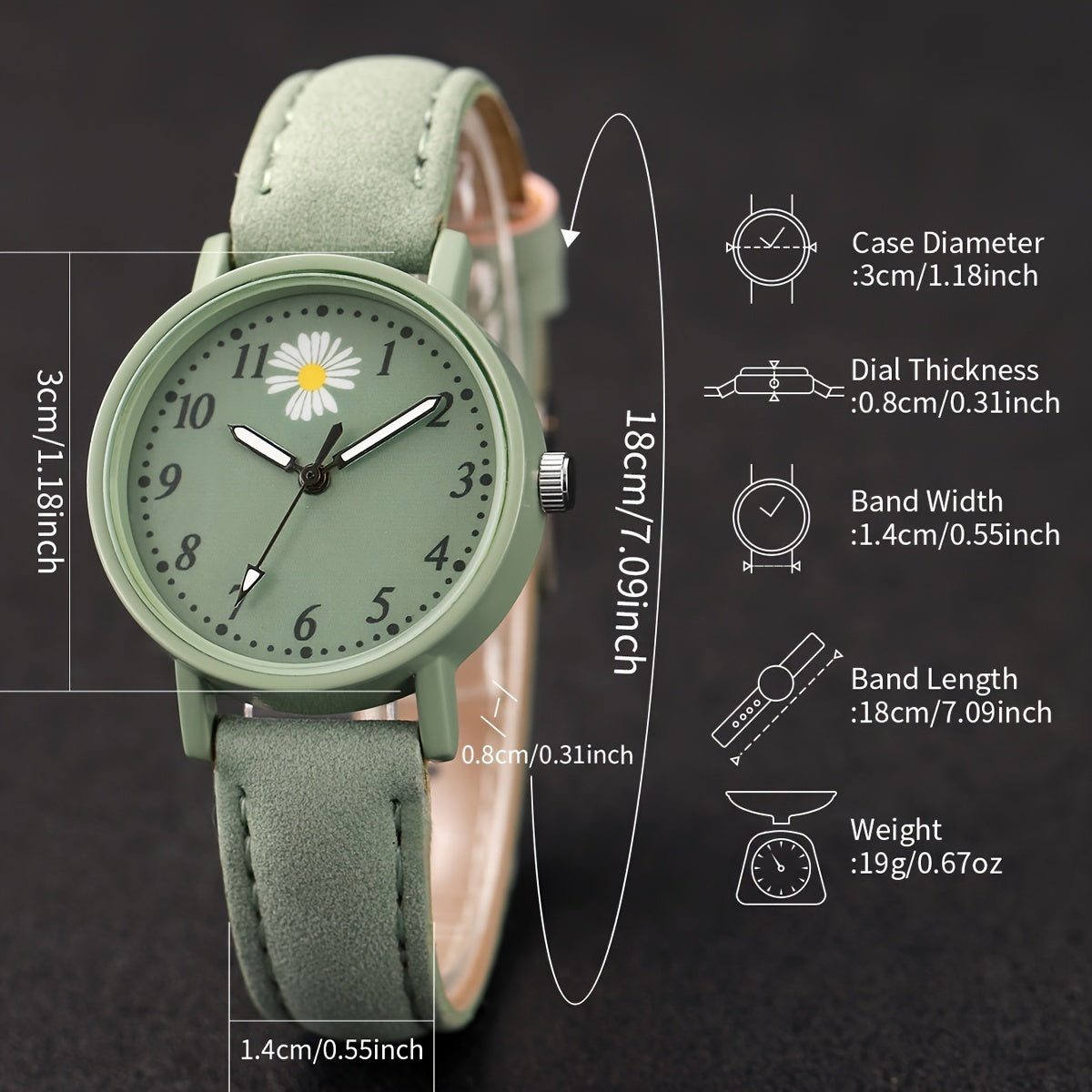 Women's Fashion Fresh Green Digital Flower Dial Quartz Watch + Bracelet 2pcs/set Without Watch Box