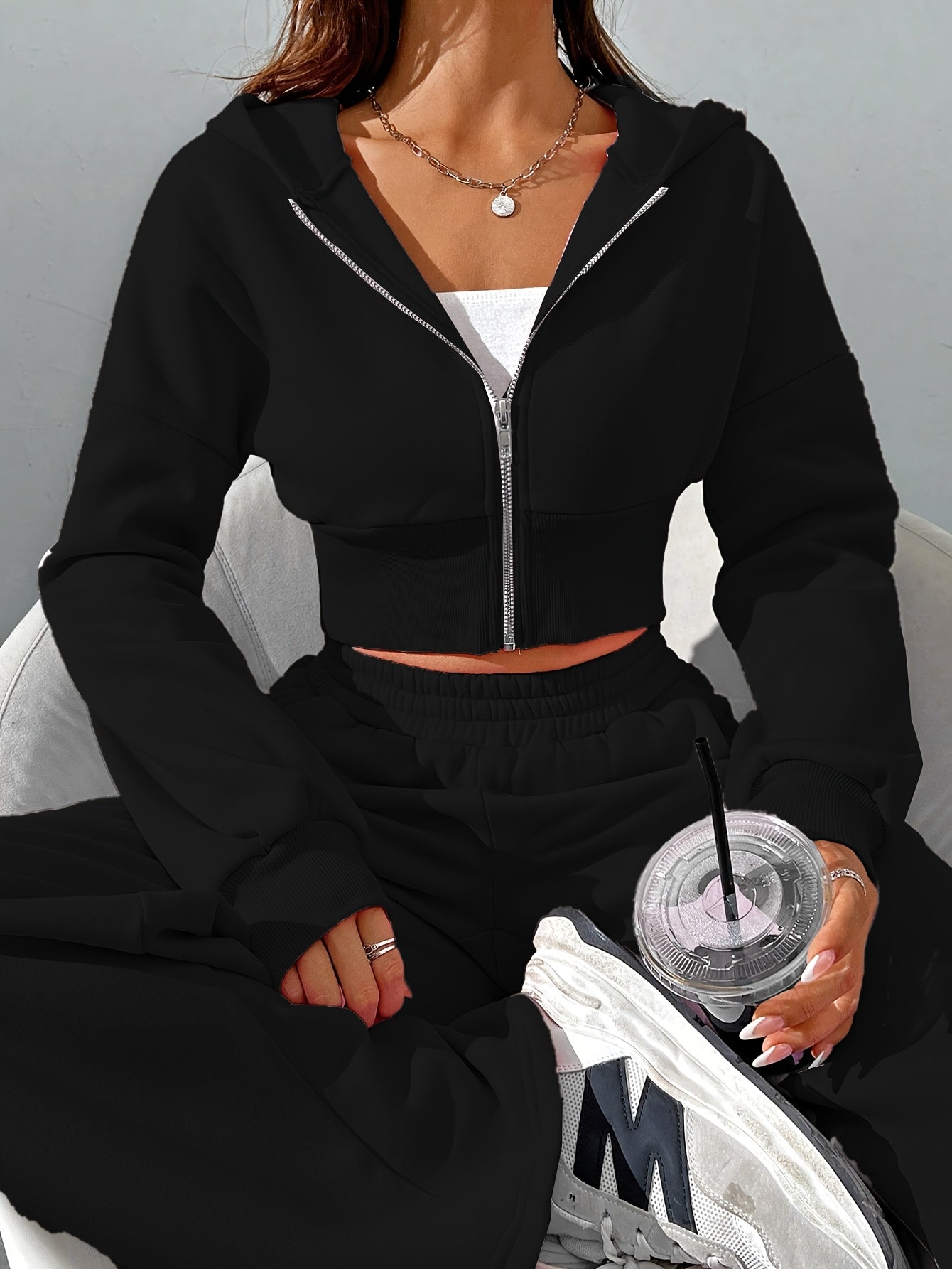 10.23 Fashionable Women's Autumn/Winter Zipper Hooded Long Sleeve Jacket + Wide Leg Trousers